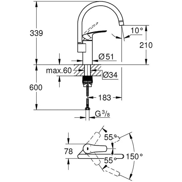 Technische specificaties en afmetingen van de GROHE Eurosmart keukenmengkraan hoge C-uitloop 33202003 – te koop bij OnlineGo.nl