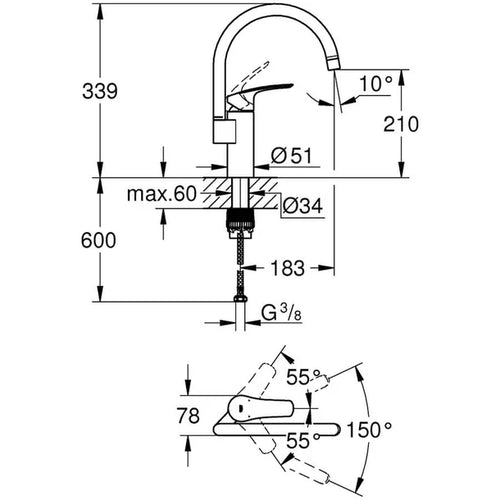 Technische specificaties en afmetingen van de GROHE Eurosmart keukenmengkraan hoge C-uitloop 33202003 – te koop bij OnlineGo.nl