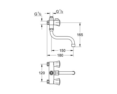 Technische afmetingen van de GROHE Costa L douchekraan 26781001 – 12 cm hartafstand zonder koppelingen – OnlineGo.nl