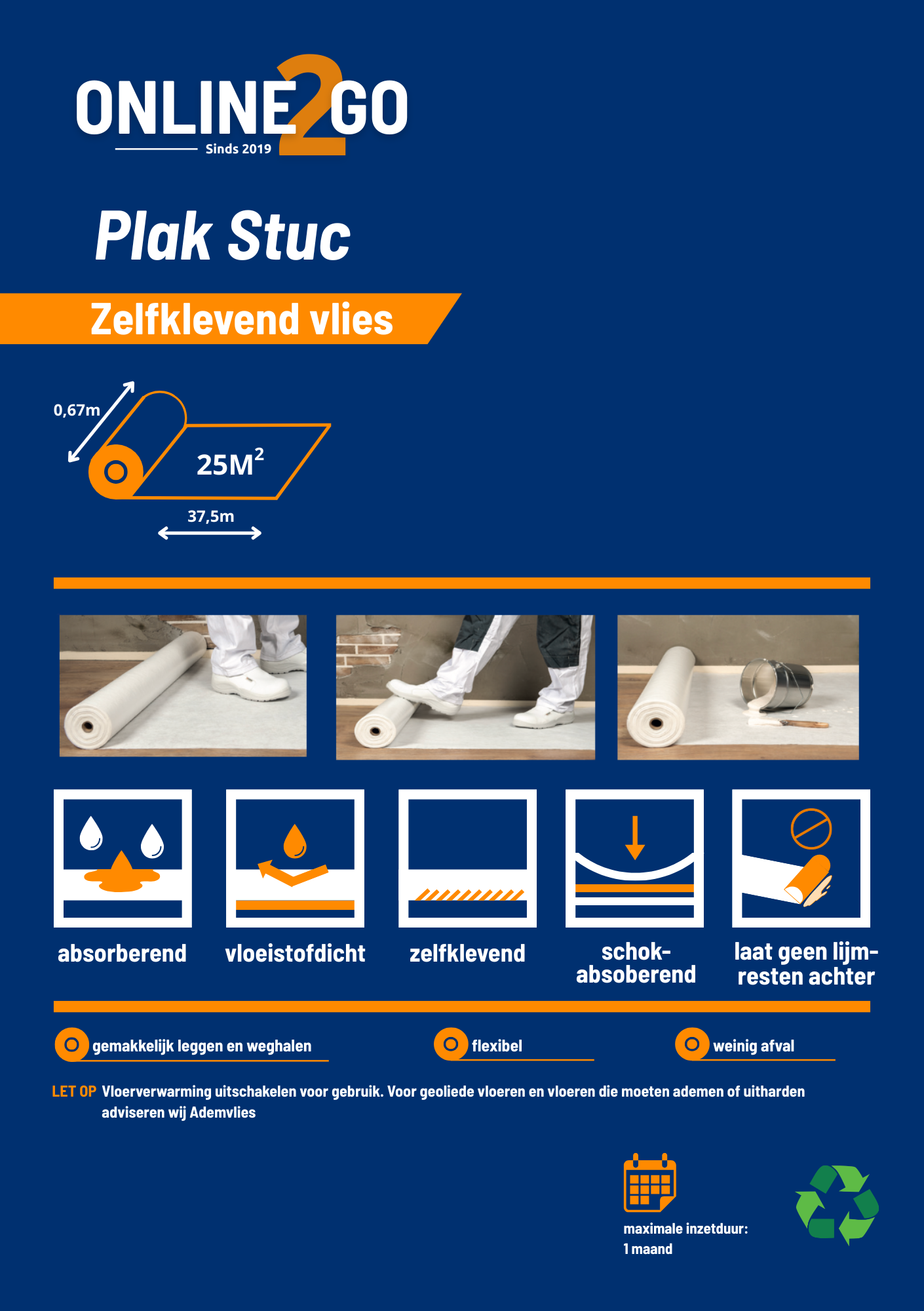Infographic met alle specificaties van het zelfklevend afdekvlies bij Onlinego.nl: 0,67m x 37,3m (25m²), 180 gr/m², vloeistofdicht, zelfklevend en schokabsorberend.
