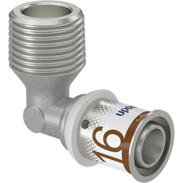 Uponor S-Press PLUS knie 90 graden buitendraad 16-R1/2 MT (1070532) messing (DZR) perskoppeling met RVS-pershuls en EPDM-afdichting – OnlineGO
