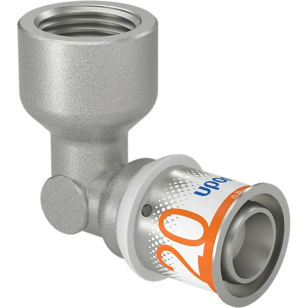 Uponor S-Press PLUS knie 90 graden binnendraad 20-Rp1/2 FT (1070540) messing (DZR) perskoppeling met RVS-pershuls – OnlineGO
