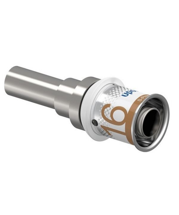 Uponor S-Press PLUS overgangskoppeling 16 mm × 12 mm CU (1070706) – messing (DZR) persfitting met RVS-pershuls voor MLC naar koper – OnlineGO
