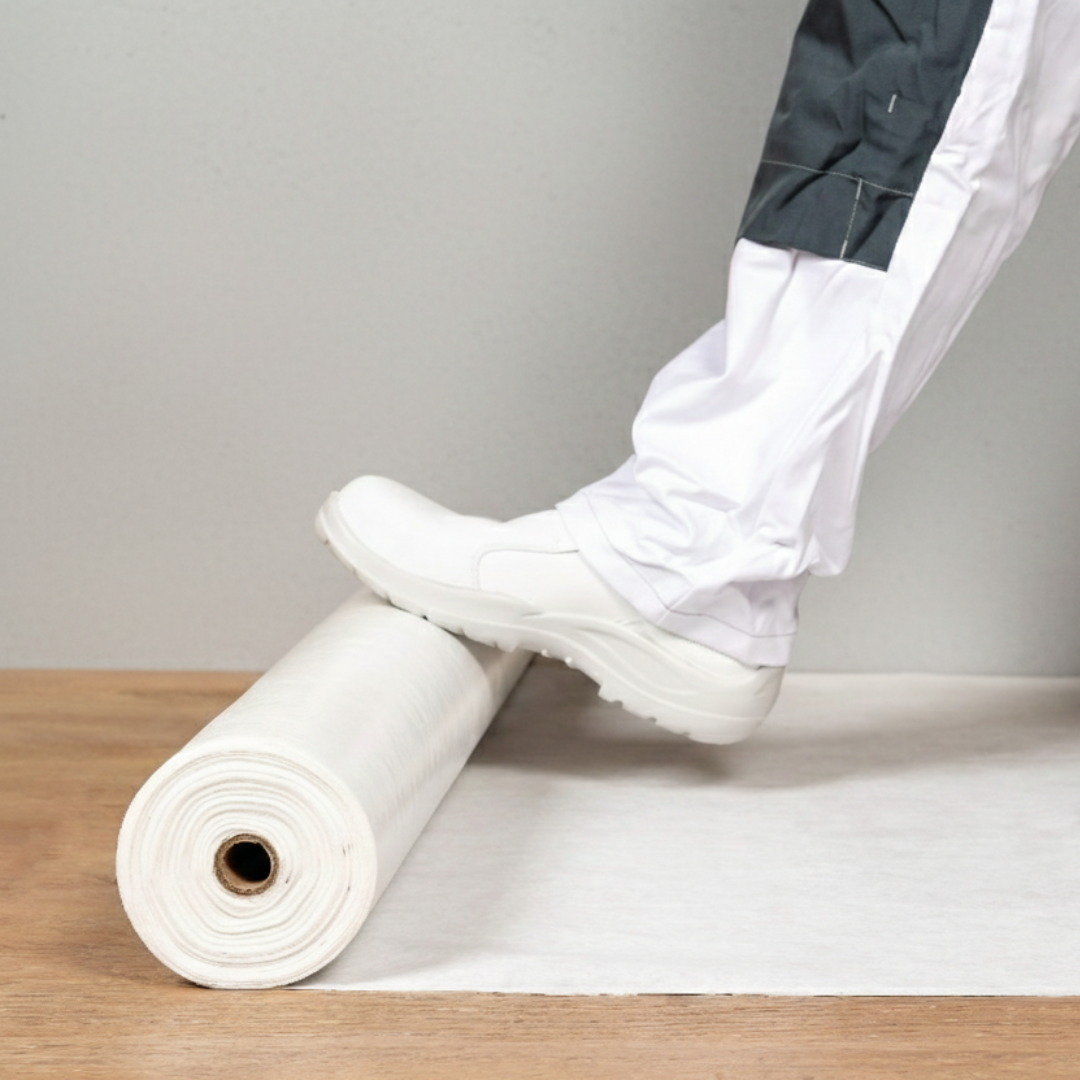 Close-up van wit zelfklevend beschermvlies met oranje kleuraccenten - schokabsorberend en vloeistofbestendig afdekmateriaal voor professionele vloerbescherming - Onlinego.nl.